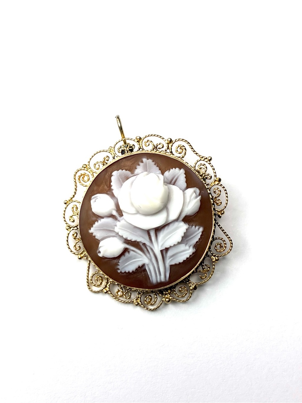 Vintage Carved Shell Floral Cameo Brooch & Pendant Duo